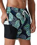 SILKWORLD Mens Swimming Trunks with Compression Liner Quick Dry 5 inch Swim Shorts with Zipper Pockets,Pineapple,Large