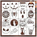 Halloween Stencils for Painting on Wood Crafts, Reusable Large Pumpkin Happy Halloween Hey Boo Spider Web Trick or Treat Witch Stencils for Walls Door Hanger Sign DIY Ornament (16 Halloween Face)