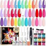 Modelones 32 Pcs Dip Powder Nail Kit Starter, 20 Colors Pastel Spring Summer Trendy Bright Dipping Powder System Essential Kit with Dip Liquids Set for DIY French Manicure Nail Art Salon