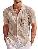 COOFANDY Men's Short Sleeve Knit Polo Shirt Vintage Button Down Casual Summer Polo Beach Tops Khaki