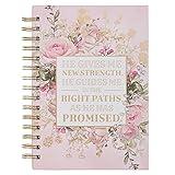 Christian Art Gifts Journal w/Scripture He Gives Me New Strength Psalm 23:3 Bible Verse, Pink Floral 192 Ruled Pages, Large Hardcover Notebook, Wire Bound