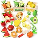 TooyBing Wooden Play Food Toy Set for Kids Kitchen - 30 Pcs Montessori Cutting & Color Sorting Fake Fruit Accessories with 4 Boxes, Pretend Play Toys for Toddlers 3, Birthday Gifts for Boys Girls