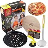 MasterChef Junior Pizza Cooking Set - 5 Pc Kit Includes Real Cookware for Kids w Recipes, Wood Board, Cutting Roller - Make Awesome Homemade Pizza, Great Gifts Birthday Summer Activity for Children