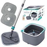 True & Tidy True Clean Mop and Bucket System, Includes Square Spin Mop, Dual Compartment Mop Bucket and 2 Thick Machine Washable Mop Pads (Spin Mop with Gift Box)