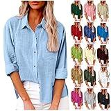 Womens Cotton Linen Button Down Shirt 2024 Casual Long Sleeve Solid Color Shirts Loose Work Tops with Pockets Turquoise L