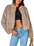 PRETTYGARDEN Women's 2024 Winter Coats Fleece Cropped Jacket Faux Fur Long Sleeve Pockets Shaggy Warm Outerwear Fall Clothes (Khaki,Medium)