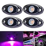 Purple Pink LED Rock Lights with 4 Pods Neon 12V Underglow Underbody Kit Crawler Crawling Dome Exterior Wheel Lamp Compatible for ATV RZR UTV SUV Off-Road Auto Boat Motorcycle Trail Rig Fender