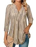 VALOLIA Tummy Flattering Tops Women 3/4 Sleeve Summer Tops Tunics or Tops to Wear with Leggings Tunic Tops for Women Loose Fit Dressy Clothing for Women Fancy Tops Beige Stripe X-Large