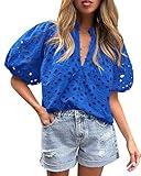 PRETTYGARDEN Women's Summer Tops Dressy Casual Short Lantern Sleeve V Neck Buttons Hollow Out Lace Embroidered Blouses Shirts (Blue,Small)