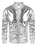 Coofandy Mens Metallic Nightclub Varsity Jacket Shiny Button Zip-up Baseball Bomber For Party,Disco,Dance,Silver,Medium