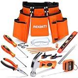 REXBETI 18pcs Young Builder's Tool Set with Real Hand Tools, Reinforced Kids Tool Belt, Waist 20"-32", Kids Learning Tool Kit for Home DIY and Woodworking