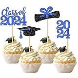 36 PCS 2024 Graduation Theme Cupcake Toppers Glitter Class of 2024 Graduation Cap Diploma Cupcake Picks 2024 Graduation Theme Party Cake Decorations Supplies Deep Blue