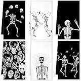 Bencailor 6 Pcs Halloween Skull Kitchen Towels Turquoise Navy Dish Towels Blue Gold Marble Tea Towels Gothic Skeleton Chef Hand Towel for Home Decor Gift, 24 x 16''(Black, White,Skull)