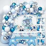 Golray 155pcs Elephant Baby Shower Decorations for Boy Baby Boxes with Letters Blue Balloon Garland Kit It's a Boy Backdrop Tablecloth Star Elephant Kid Birthday Party Supplies Baby Boy Shower Decor