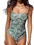 CUPSHE Women Swimsuit One Piece Bathing Suit Square Neck Cutout Back Tummy Control with Adjustable Spaghetti Straps, M Green Floral