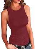 Dokotoo Womens Ladies Athletic Plus Size Basic Ribbed Thick Strap Low Cut Solid Color Tight Slimming Fitted Sleeveless Shirts Sports Workout Long Tank Tops for Women Activewear Tops Wine 2XL