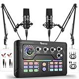 Podcast Equipment Bundle for 2, Audio Mixer with 3.5mm Podcast Microphone, Bluetooth, voice change DJ Mixer for Live Streaming Singing Gaming