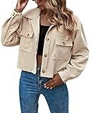 Gihuo Women's Fashion Cropped Shacket Button Down Corduroy Shacket Jackets Casual Plaid Long Sleeve Crop Jackets Tops (Apricot-L)