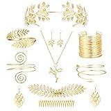 Florideco 9 Pcs Greek Goddess Costume Accessories Set for Women Golden Laurel Leaf Crown Headband Upper Arm Coil Bracelet Pearl Leaf Dangle Earring Artificial Pearl Earrings Necklace Bridal Wedding