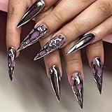 IMRAIN Long Press on Nails Stiletto Purple Fake Nails Silver French Nails Tips Full Cover Y2K Glossy Glue on Artificial Nails Almond Gel Stick on False Nails for Women 24Pcs