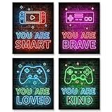 Neon Video Game Decor Set of 4(8"x10"), Boys Room Decorations for Bedroom, Encouragement Gaming Wall Art for Kids Boy Playroom Home Decor, gamer wall art, Teen boy bedroom, No Frames