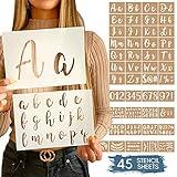 Boutique Calligraphy Stencil Template Kit - 45 Reusable Pieces Includes Lettering Upper and Lowercase both Large Small, Numbers, Punctuation, Laurels Flowers For Arts Crafts Painting Wood