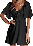 Dokotoo Summer Black Dresses 2024 Fall Fashion Drawstring V-Neck Ruffle Sleeveless Womens Dresses Party Cocktail Tank Dress Cap Sleeve Mini Dress