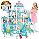 Doll House for Girls,11 Rooms Dollhouse with Dolls Figure, Puppies,Furnitures, Accessories, LED Light, Toddler Playhouse Gift for for 3 4 5 6 7 8 9 10 Year Old Girls Toys (Blue)