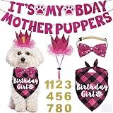 JOTFA Dog Birthday Decorations, Multi Sizes Dog Birthday Bandana Girl Dog Birthday Hat Crown Bow Tie Birthday Numbers It’s My Bday Mother Puppers Sign Banner for Small Dogs Pets (Pink, Small)