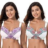 Curve Muse Women's Plus Size Minimizer Wireless Unlined Bra with Embroidery Lace-2Pack-Buttermilk,Orchid Tint-46C-V2