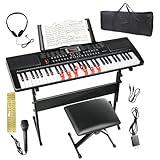 Keyboard Piano 61 Key Electric Piano Keyboard for Beginners/Professional, Full Size Light Up Music Keyboard Built-in Dual Speakers with LED Display, Stand, Music Stand, Microphone, Bench (Black A)