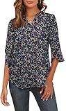 Askyes Womens Summer Clothes Elegant 3/4 Sleeve V Neck Chiffon Blouses for Women Casual Flowy Tops Shirts,Navy Floral,L