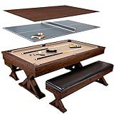 Freetime Fun 7 FT 3 in 1 Multi Game Pool Table with Dining Top Pool Table Ping Pong Table Combo with Dual Storage Bench Seating