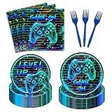 Neon Game On Decorations Tableware - Video Game Happy Birthday Paper Plate Napkin Forks for Boys Graffiti Wall Level Up Gaming Night Arcade Birthday Party Supplies Serve 24 Guests