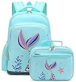 JIANYA Girls Backpack for School Kids Mermaid School Bags Girl‘s Kindergarten Backpacks with Lunch Box & Chest Strap, Light Blue