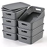 [ 8 Pack ] Plastic Storage Baskets With Lids, Small Pantry Organization, Stackable Storage Bins, Household Organizers for Cabinets, Countertop, Drawers, Under Sink or On Shelves,Gray