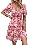 PRETTYGARDEN Women's 2024 Floral Summer Short Dress Square Neck Short Sleeve Tiered Ruffle Boho Swing Dresses (Red Pink Floral,Medium)