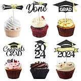 Chewarelly 24 Pack 2024 Graduation Cupcake Toppers Set, Glitter Congrats Grad Cake Decor, Graduation Cake Picks for Senior High School College Grad Party Decorations Supplies(Black with Gold)