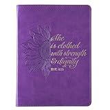 Christian Art Gifts Purple Vegan Leather Small Journal Inspirational Scripture Women's Sunflower Notebook Strength & Dignity Bible Verse Proverbs 31:25, 240 Ruled Pages, Ribbon 5.7" x 7"