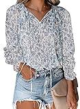 Dokotoo Womens Boho Tops and Blouses V Neck Floral Printed Long Sleeve Ladies Summer Chiffon Shirts with Drawstring Medium Sky Blue