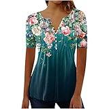 Spring Outfits for Women 2024 Summer Tops for Women 2024 Trendy Boho Floral Print Tunic Shirts Short Sleeve Button v Neck Tshirt Casual Loose Blouse Casual Shirts for Women Green 2X