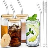 4 Set Glass Cups with Lids and Straws 16 oz, Glasses Drinking Set, Iced Coffee Cup with Bamboo Lids, Drinking Glasses Tumbler with Straw and Lid, Glass Can Coffee Cups, Drinking Glassware, 2 Brushes