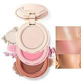 Yeweian 3-in-1 Blendable Trio, Contour and Highlight Blush Makeup Palette, Cream Bronzer, Silky Smooth Powder Blush, Shimmer Highlighter Makeup Powder, Pink Brown Eyeshadow Palette with Mirror(01)