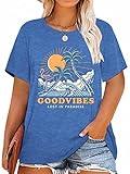 MK Shop Limited Women Sunrise Coconut Tree Plus Plus T-Shirt Good Vibes Graphic Casual Short Sleeve Tee Nature Travel Shirt Tops S-Blue