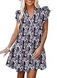 Dokotoo Womens Boho Dresses for Women 2024 Resort Wear Bohemian Drawstring V Neck Short Ruffle Sleeve Floral Casual Vacation Beach Sundress Flowy A Line Mini Tunic Short Dress Multicolor Small