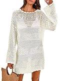 ANRABESS Women Swimsuit Crochet Swim Cover Up 2024 Summer Bathing Suit Swimwear Mesh Knit Beach Dress Vacation Outfits Cream White Medium