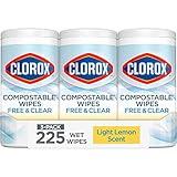 Clorox Free & Clear Compostable Cleaning Wipes, Light Lemon Scent, 75 Count, Pack of 3 (Pack May Vary)