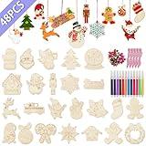 OurWarm 24 Styles Christmas Crafts for Kids Adults, 48PCS DIY Wooden Christmas Ornaments Unfinished Wood Slices with Holes Ropes Colored Markers to Paint, Craft Making for Christmas Tree Decorations