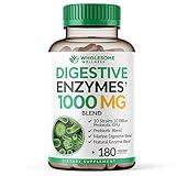 Wholesome Wellness Digestive Enzymes 1000MG Plus Prebiotics & Probiotics Supplement, 180 Capsules, Organic Plant-Based Vegan Formula for Digestion & Lactose with Amylase & Bromelain,3-6 Months Supply