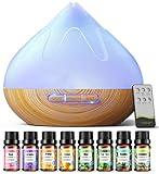 Aroma Diffiser with Essential Oils Set, 500 ML Essential Oil Diffuser with Remote Control, Humidifier with 14 Color Lights for Large Room, 4 Timer Setting, Auto Shut-Off